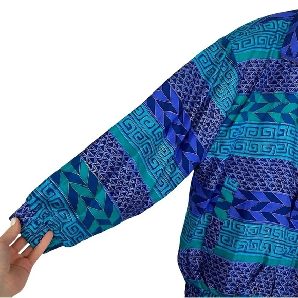 Vintage 80s 90s Silk Windbreaker Jacket Womens Medium Geometric Turquoise Blue - Picture 3 of 13